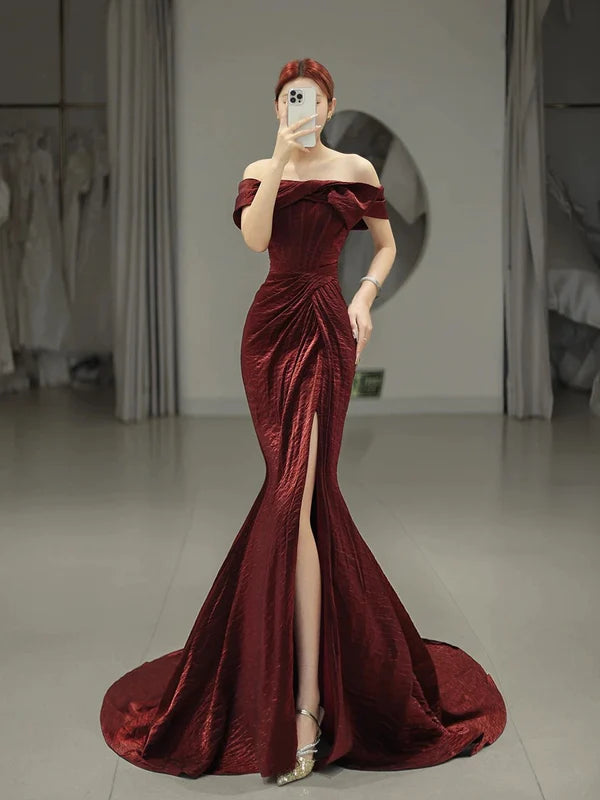 Classy Mermaid Burgundy Satin Off The Shoulder Bodycon Slit Long Prom Dresses Budget Burgundy Evening Dress With Train
