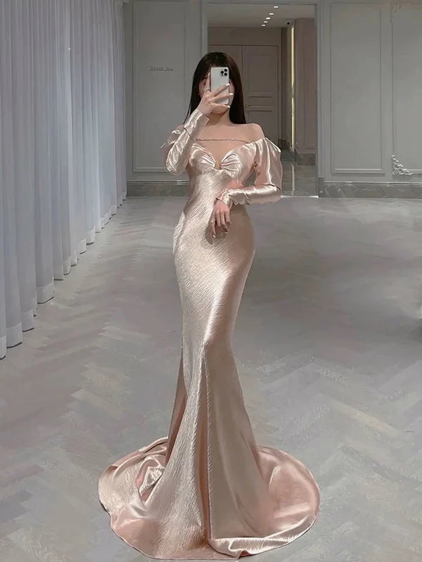 Classy Mermaid Pink Satin Off The Shoulder Long Sleeves Long Pink Prom Dresses Discount Long Party Dresses