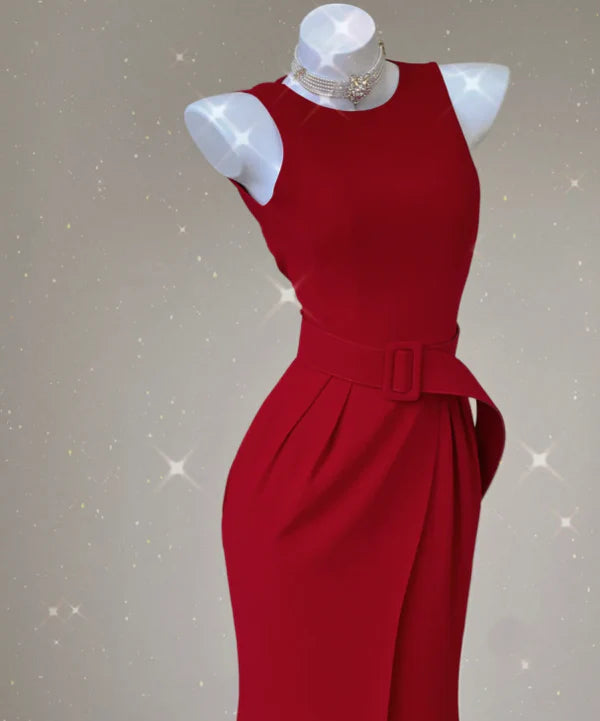 Classy Mermaid Round Neck Sleeveless Belt Slit Satin Red Long Prom Dresses