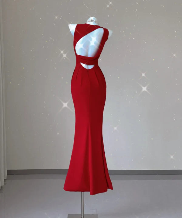 Classy Mermaid Round Neck Sleeveless Belt Slit Satin Red Long Prom Dresses