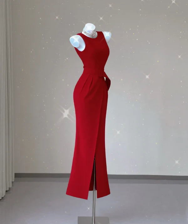 Classy Mermaid Round Neck Sleeveless Belt Slit Satin Red Long Prom Dresses