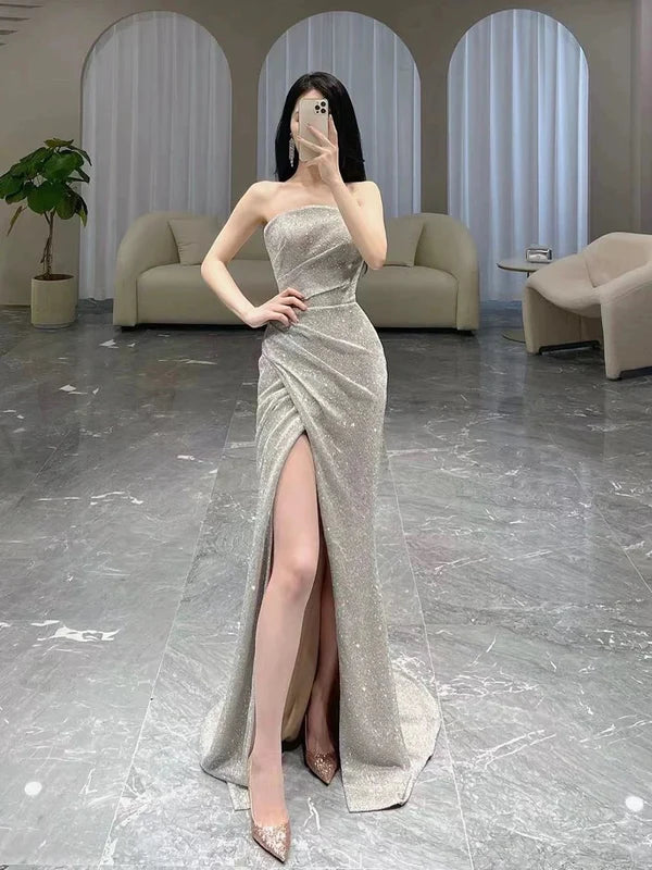 Classy Mermaid Sequin Strapless Pleated Slit Long Prom Dresses Budget Silver Party Dresses Evening Dress