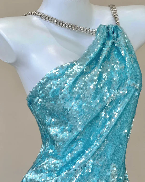 Classy Mermaid Spaghetti Straps Sleeveless Rhinestones Sequin Blue Long Prom Dresses