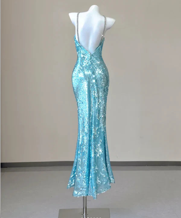 Classy Mermaid Spaghetti Straps Sleeveless Rhinestones Sequin Blue Long Prom Dresses