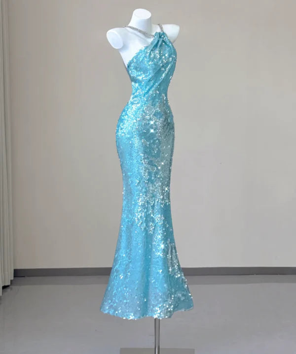 Classy Mermaid Spaghetti Straps Sleeveless Rhinestones Sequin Blue Long Prom Dresses