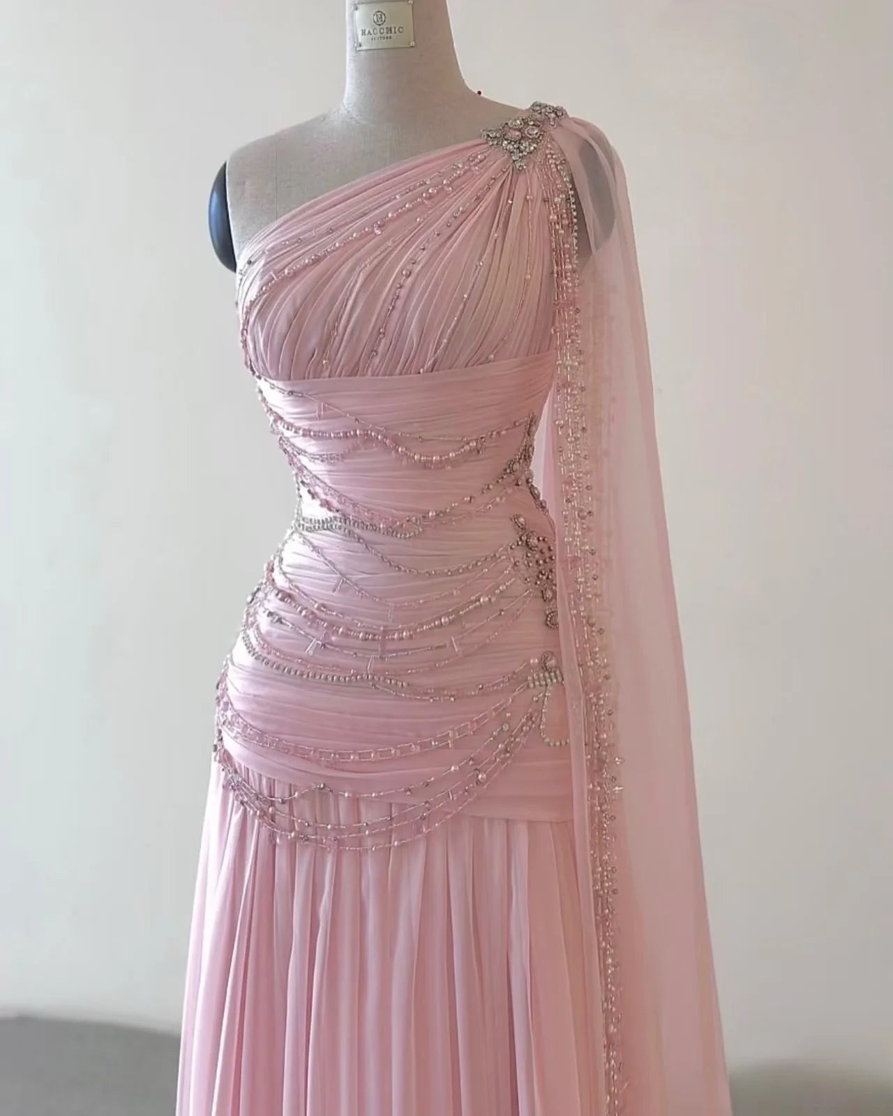 Classy Pink Chiffon With Beaded One Shoulder A Line Evening Gown Prom Dresses With Drag