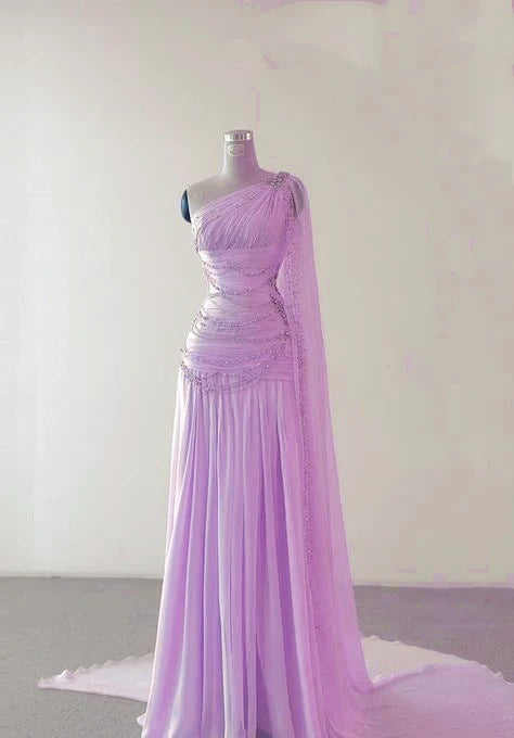 Classy Pink Chiffon With Beaded One Shoulder A Line Evening Gown Prom Dresses With Drag