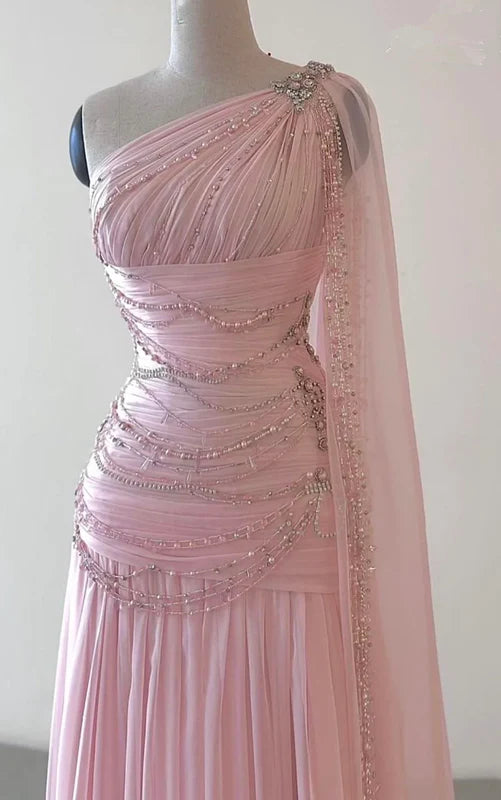 Classy Pink Chiffon With Beaded One Shoulder A Line Evening Gown Prom Dresses With Drag