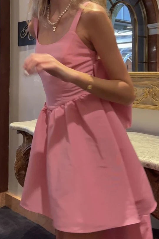 Classy Pink Satin Round Neck Straps A-Line Short Party Homecoming Dress With Big Bow