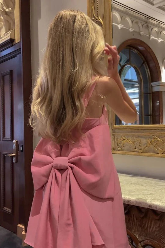 Classy Pink Satin Round Neck Straps A-Line Short Party Homecoming Dress With Big Bow