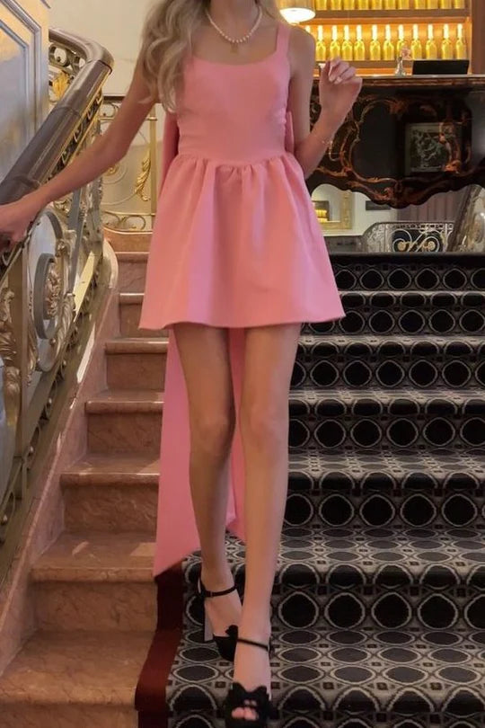 Classy Pink Satin Round Neck Straps A-Line Short Party Homecoming Dress With Big Bow