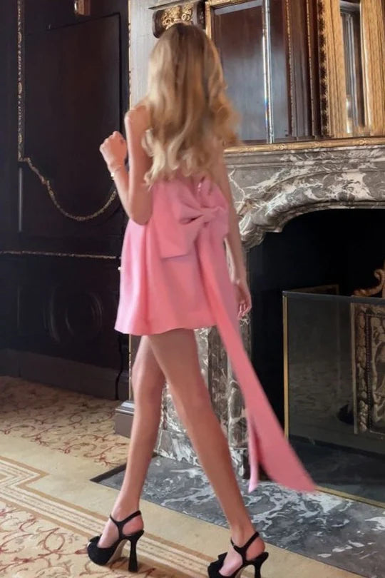 Classy Pink Satin Round Neck Straps A-Line Short Party Homecoming Dress With Big Bow