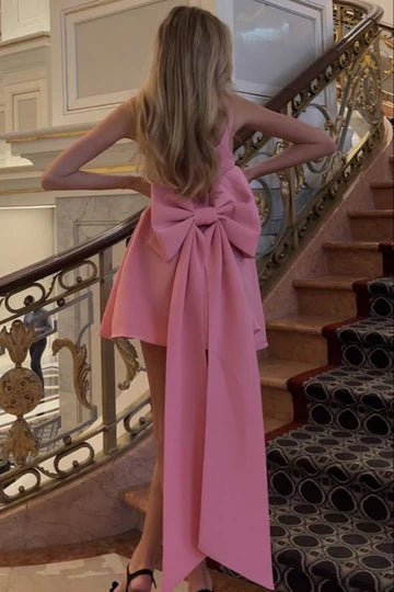 Classy Pink Satin Round Neck Straps A-Line Short Party Homecoming Dress With Big Bow