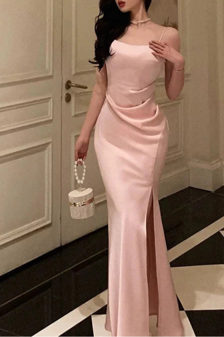 Classy Pink Satin Sheath Slit Spaghetti Straps Prom Dresses Birthday Outfits Evening Dresses
