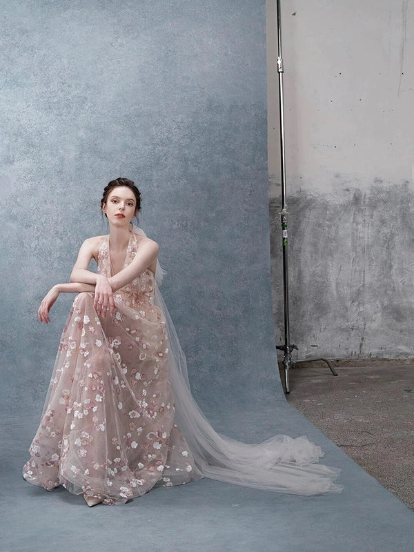 Classy Pink Tulle Flowers Halter V Neck A Line Long Prom Dresses Discount Long Party Dresses With Streamer