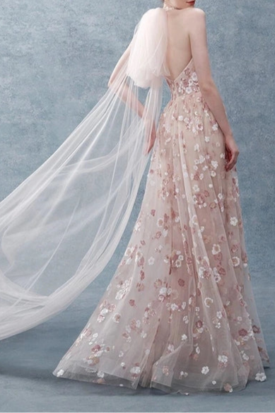 Classy Pink Tulle Flowers Halter V Neck A Line Long Prom Dresses Discount Long Party Dresses With Streamer