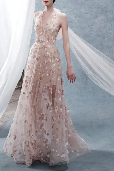 Classy Pink Tulle Flowers Halter V Neck A Line Long Prom Dresses Discount Long Party Dresses With Streamer