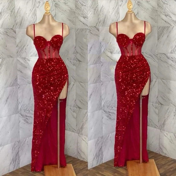 Classy Red Sequin Bodycon Mermaid Straps High Slit Long Prom Dresses Bargain Red Party Dress For Women