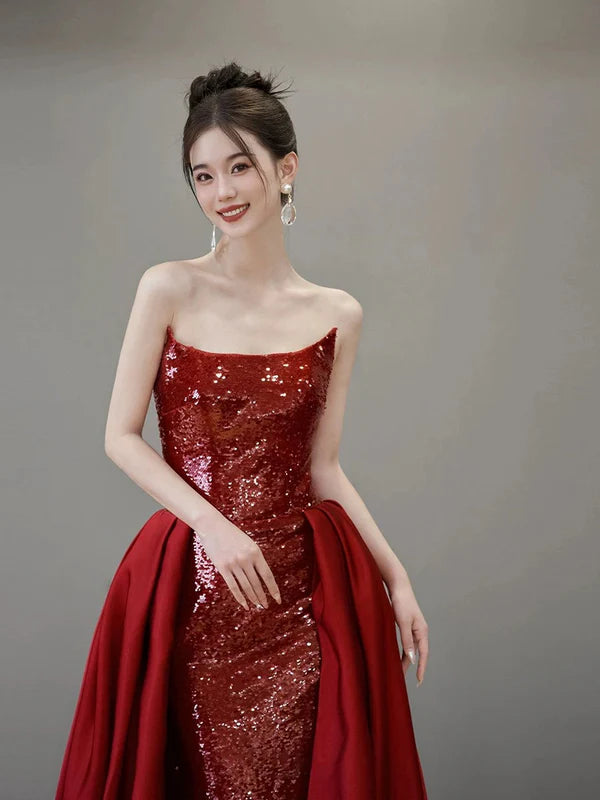 Classy Red Sequin Strapless Mermaid High Slit Long Long Prom Dresses Budget Red Evening Dresses