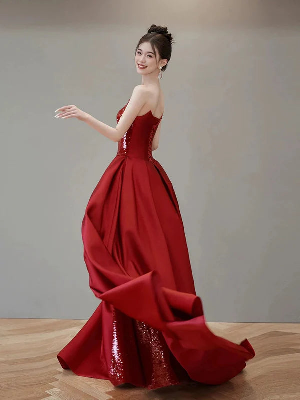 Classy Red Sequin Strapless Mermaid High Slit Long Long Prom Dresses Budget Red Evening Dresses