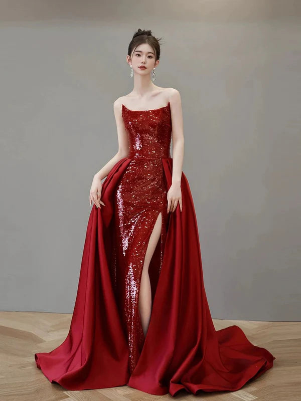 Classy Red Sequin Strapless Mermaid High Slit Long Long Prom Dresses Budget Red Evening Dresses
