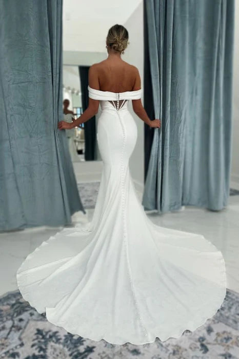 Classy Satin Off-the-Shoulder Ruched Floor-length Mermaid Wedding Dresses With Sweep Train