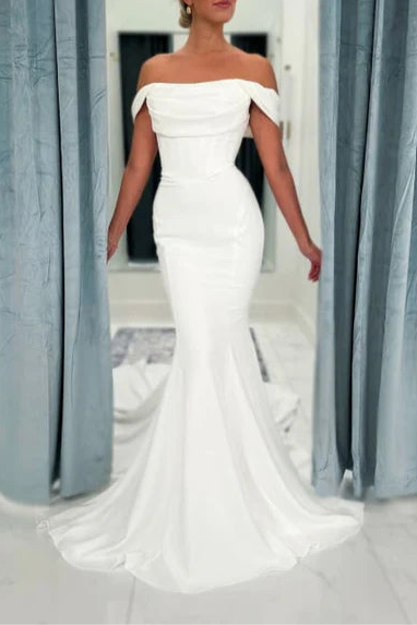 Classy Satin Off-the-Shoulder Ruched Floor-length Mermaid Wedding Dresses With Sweep Train