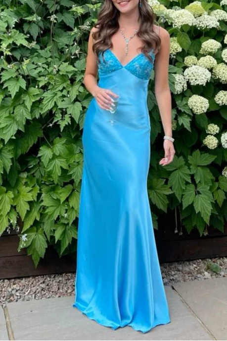 Classy Satin Sequins V Neck Spaghetti Strap Sleeveless Mermaid Long Prom Dresses