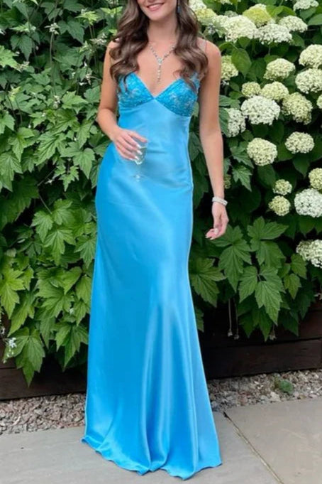 Classy Satin Sequins V Neck Spaghetti Strap Sleeveless Mermaid Long Prom Dresses