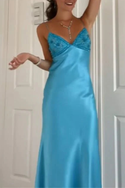 Classy Satin Sequins V Neck Spaghetti Strap Sleeveless Mermaid Long Prom Dresses