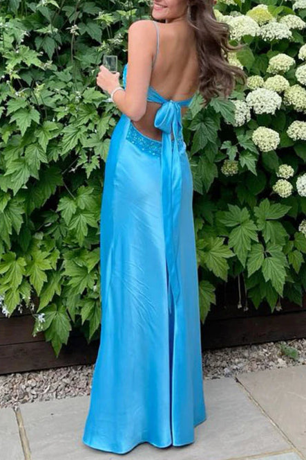 Classy Satin Sequins V Neck Spaghetti Strap Sleeveless Mermaid Long Prom Dresses