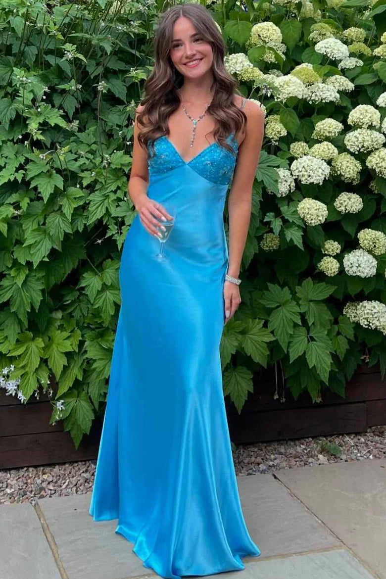 Classy Spaghetti Straps V-Neck Beads Long With Bow Prom Dresses