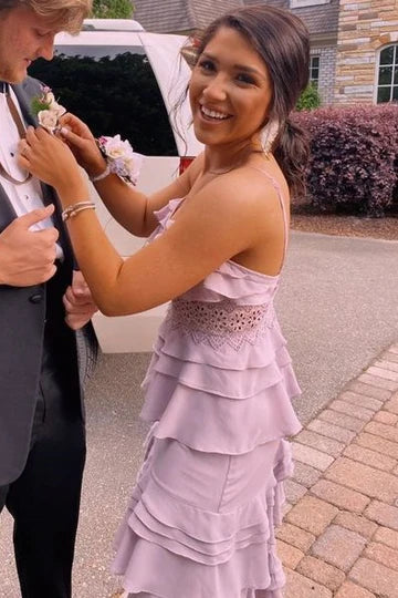 Classy Tiered Spaghetti Straps Ruffles V-Neck Sleeveless Formal Prom Dress