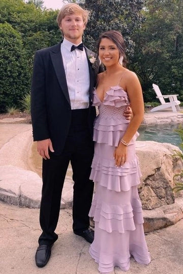 Classy Tiered Spaghetti Straps Ruffles V-Neck Sleeveless Formal Prom Dress