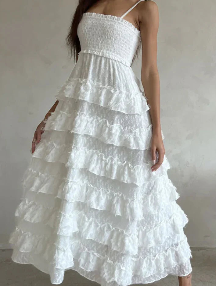 Classy White Lace A line Spaghetti Straps Zipper Back Long Evening Dress Prom Dresses