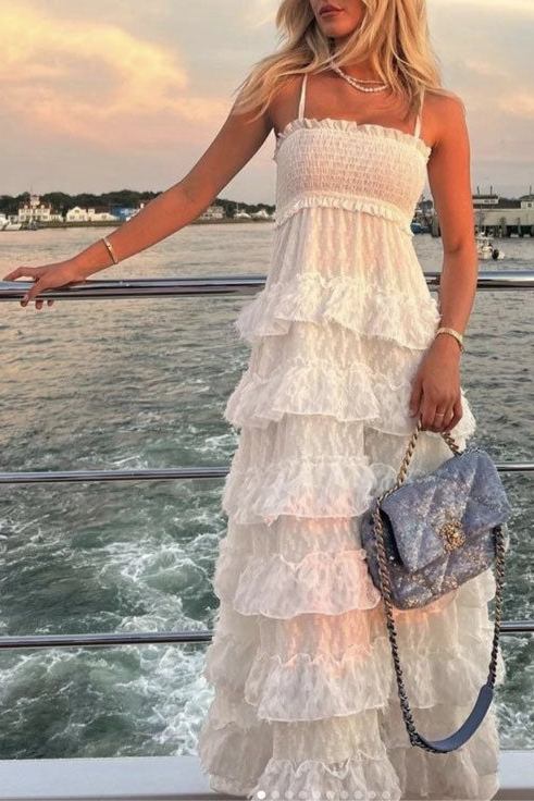 Classy White Lace A line Spaghetti Straps Zipper Back Long Evening Dress Prom Dresses