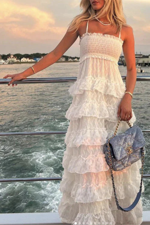 Classy White Lace A line Spaghetti Straps Zipper Back Long Evening Dress Prom Dresses