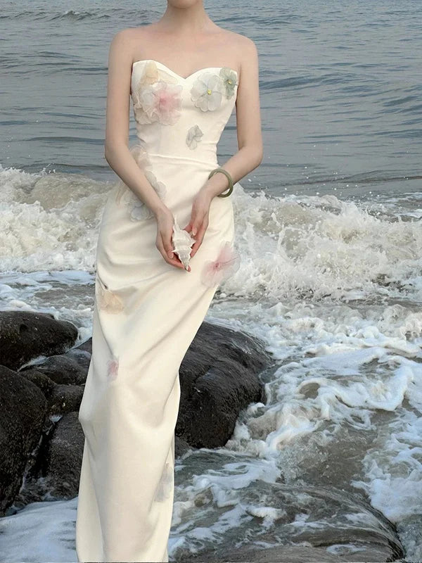 Classy White Satin Mermaid Sweetheart Long Prom Dresses With Applique Discount Long Party Dress