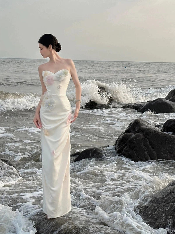 Classy White Satin Mermaid Sweetheart Long Prom Dresses With Applique Discount Long Party Dress