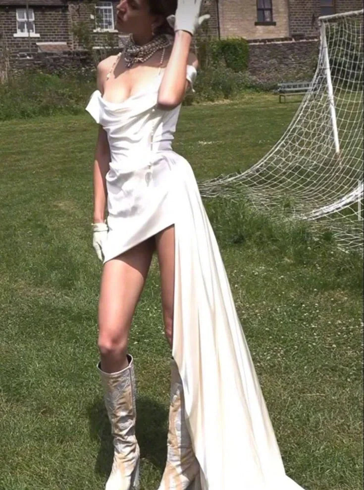 Classy White Satin Off The Shoulder Sheath Short Birthday Dress Wedding Dress With Train