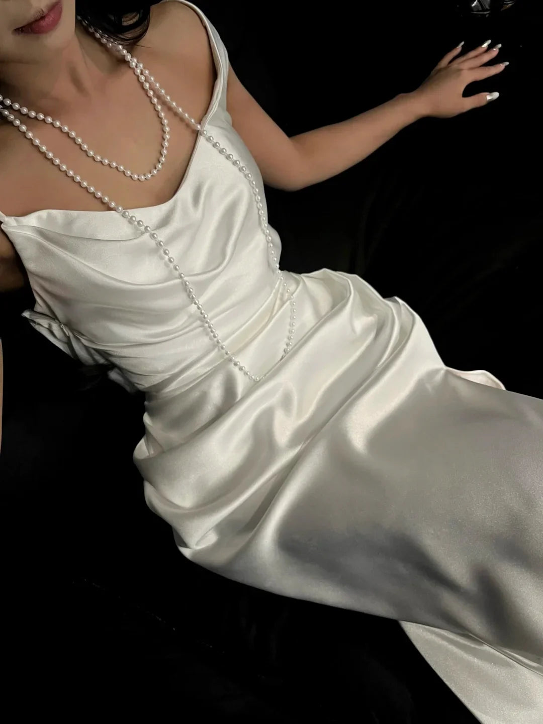Classy White Satin Spaghetti Straps Waist Pleats Long Wedding Dress