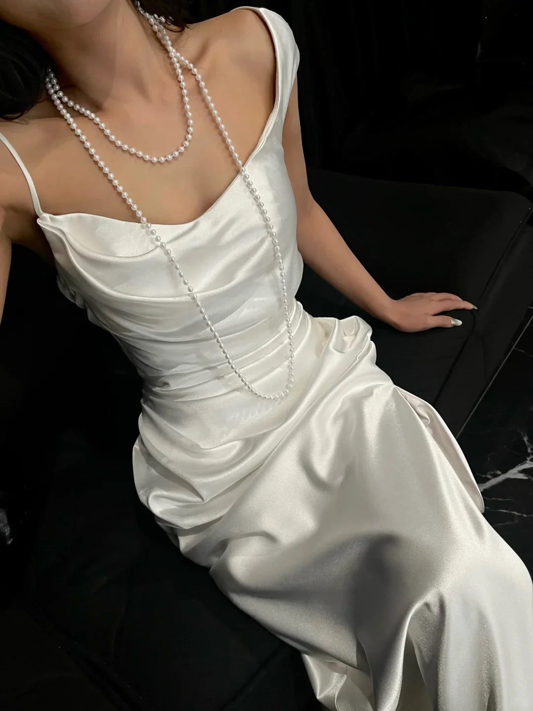 Classy White Satin Spaghetti Straps Waist Pleats Long Wedding Dress