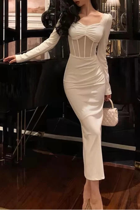 Classy White Sheath Round Neck Long Sleeves Prom Dresses Birthday Outfits Evening Gown