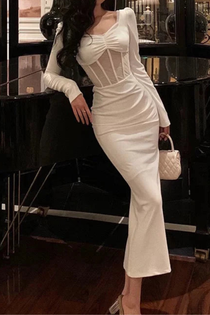 Classy White Sheath Round Neck Long Sleeves Prom Dresses Birthday Outfits Evening Gown