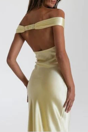 Classy Yellow Satin Open Back Mermaid Off The Shoulder Long Evening Dress Prom Dress