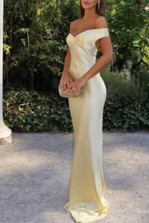 Classy Yellow Satin Open Back Mermaid Off The Shoulder Long Evening Dress Prom Dress