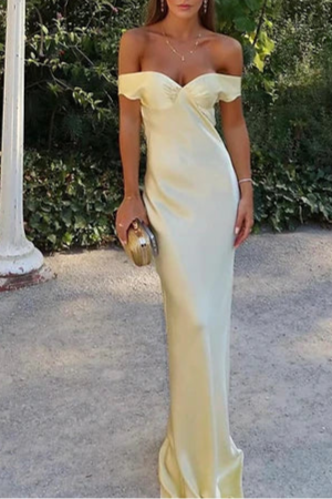 Classy Yellow Satin Open Back Mermaid Off The Shoulder Long Evening Dress Prom Dress
