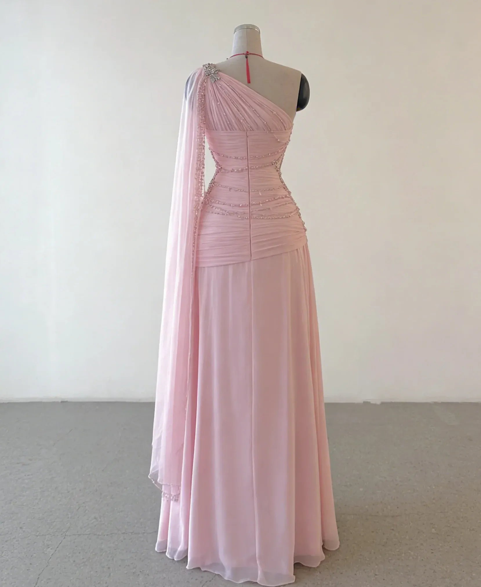 Classy A Line One Shoulder Pink Chiffon Evening Gown Retract Your Waist Prom Dresses