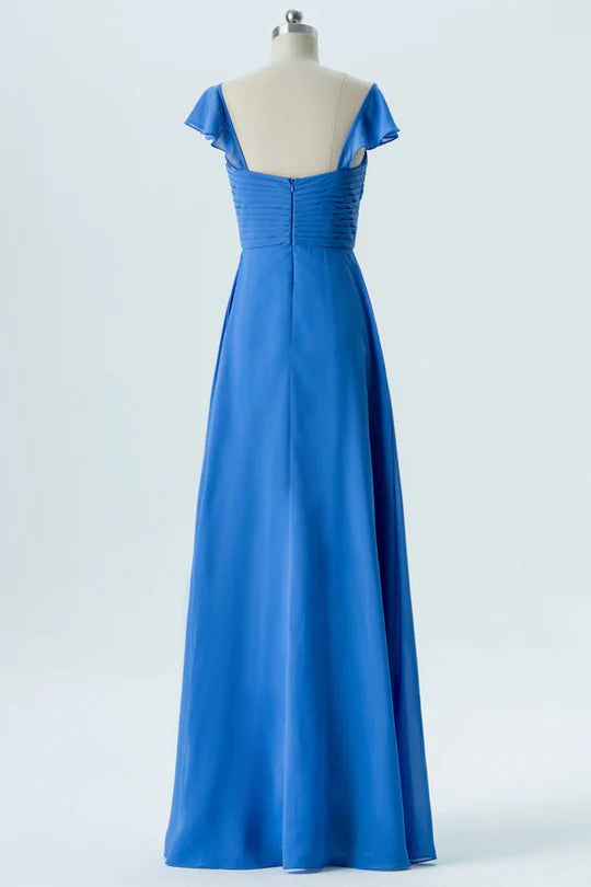 Cobalt Blue Chiffon Pleated Sweetheart Neck Open Back Bridesmaid Dress With Cap Sleeves