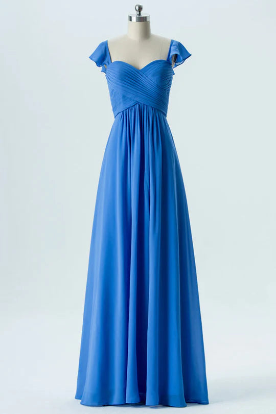 Cobalt Blue Chiffon Pleated Sweetheart Neck Open Back Bridesmaid Dress With Cap Sleeves